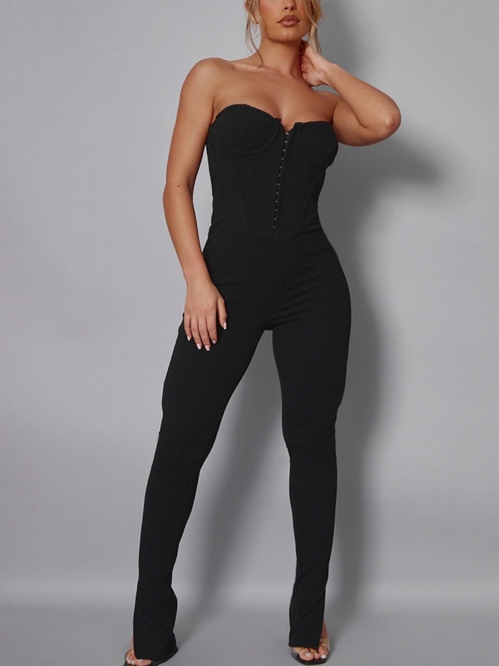 PrettyLittleThing Ribbed Corset Bandeau Split Hem Jumpsuit Women 0 XS